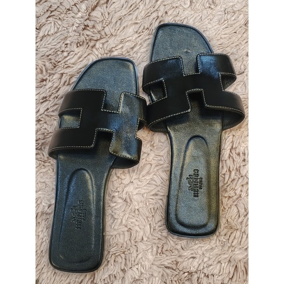 Hermes Shoes - Hermes Oran Sandals Black Leather H Cut Out Flat Slides Size 39 Made in Italy